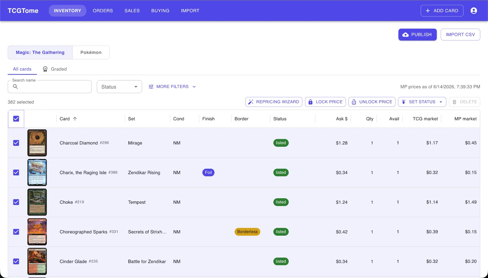 LGSTome inventory table showing cards with live market prices