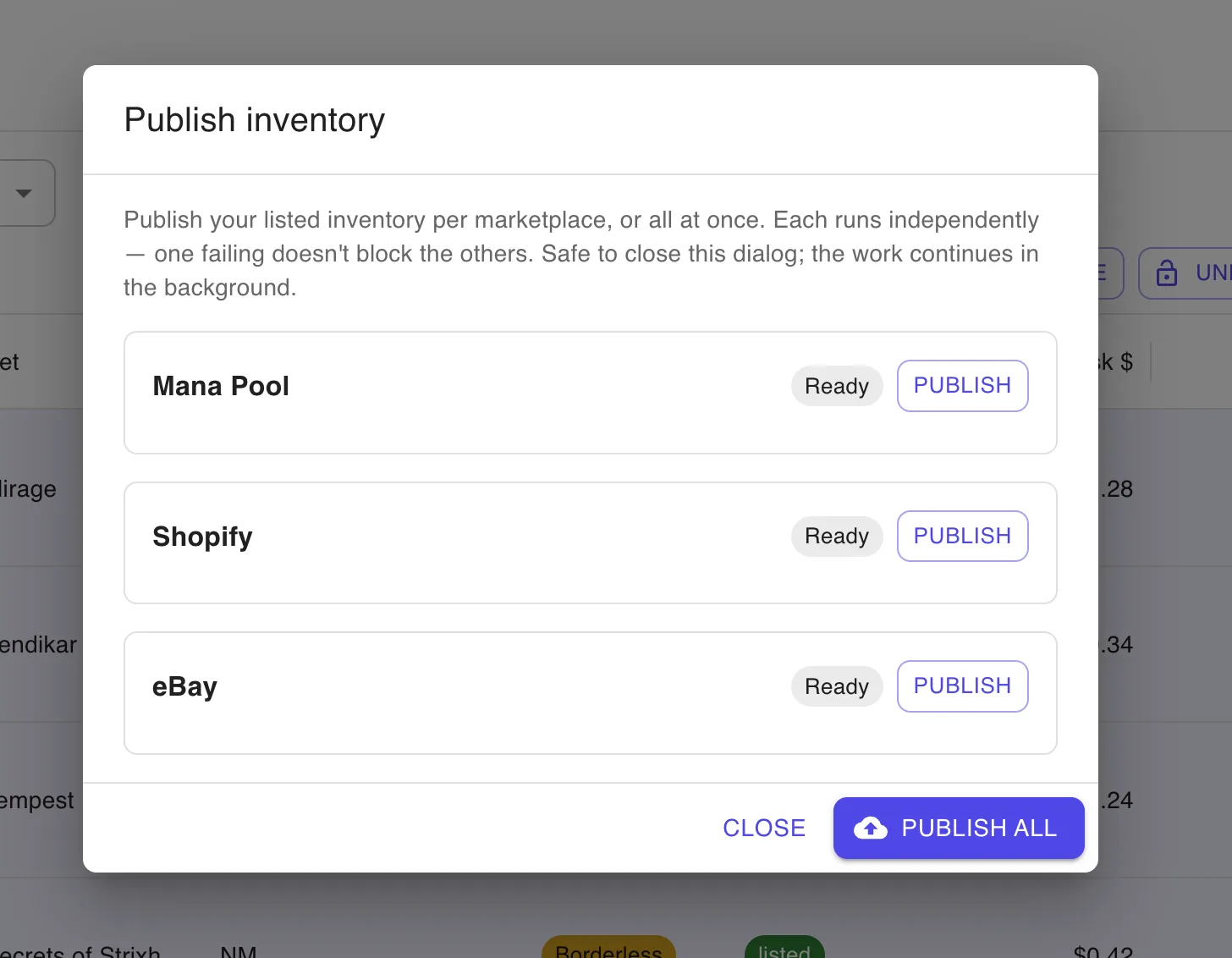 Publish inventory dialog with Mana Pool, Shopify and eBay
